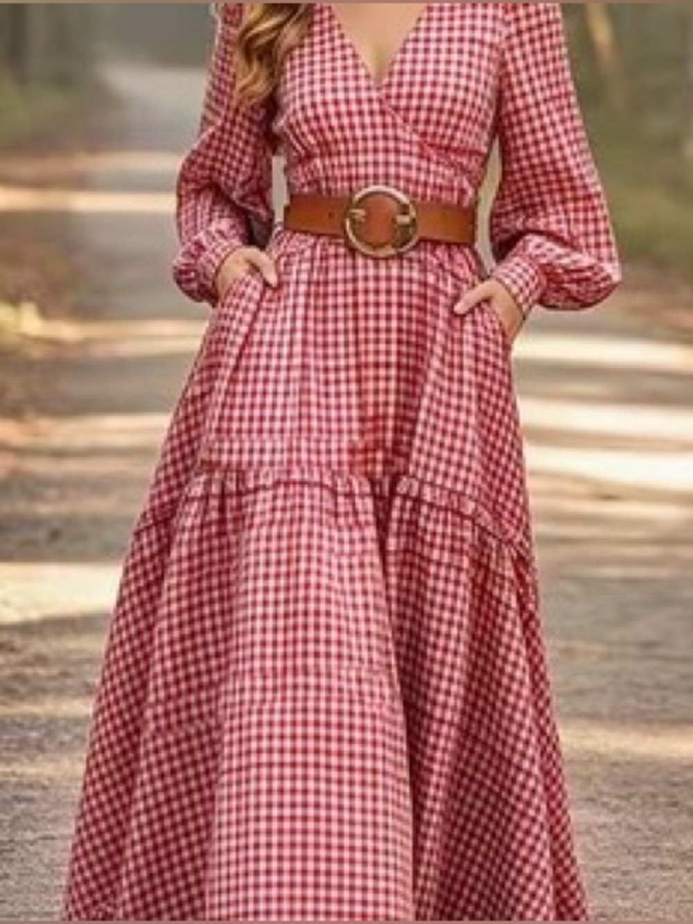 NWT Red Gingham Tiered Maxi Dress, Size XL, Fall Dresses - Picture 1 of 7